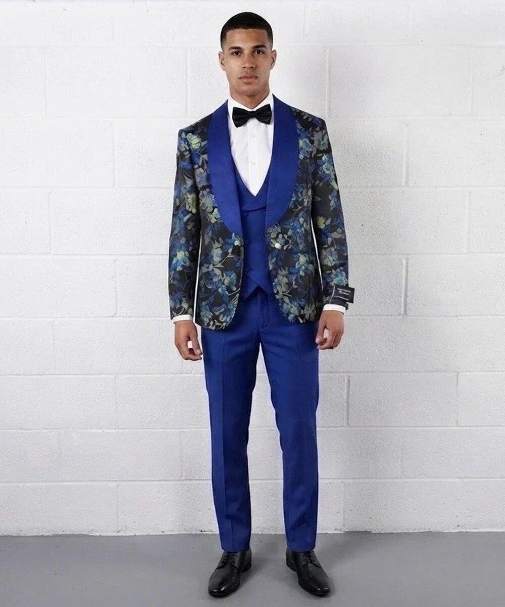 Pietro Scarlatti Mens Suit Tuxedo US 44 EU 54 Floral Blazer Vest Pants Blue T5
